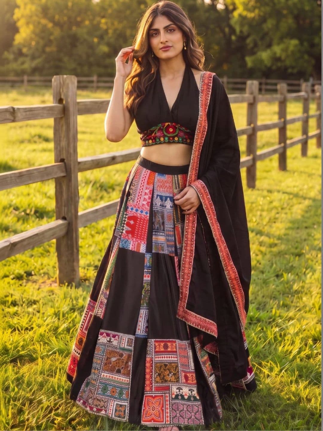 JIHU CULTURE Embroidered Thread Work Semi-Stitched Lehenga & Unstitched Blouse With Dupatta - view 1
