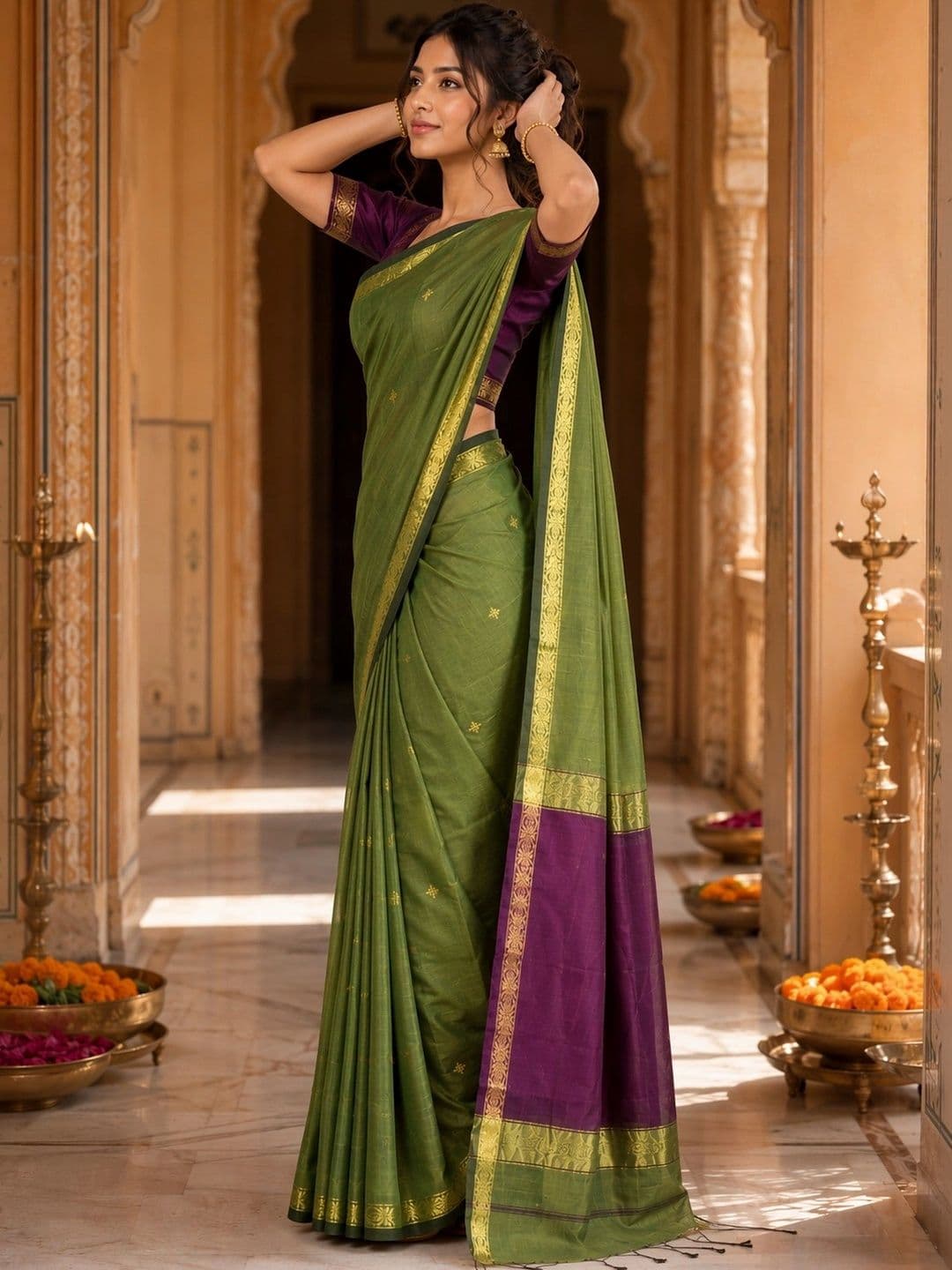 Saatika Women Cotton Solid Zari Saree with Blouse Piece thumbnail 2