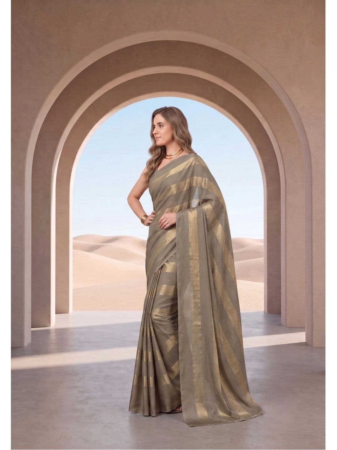 House of Vived Striped Zari Silk Blend Designer Saree thumbnail 2