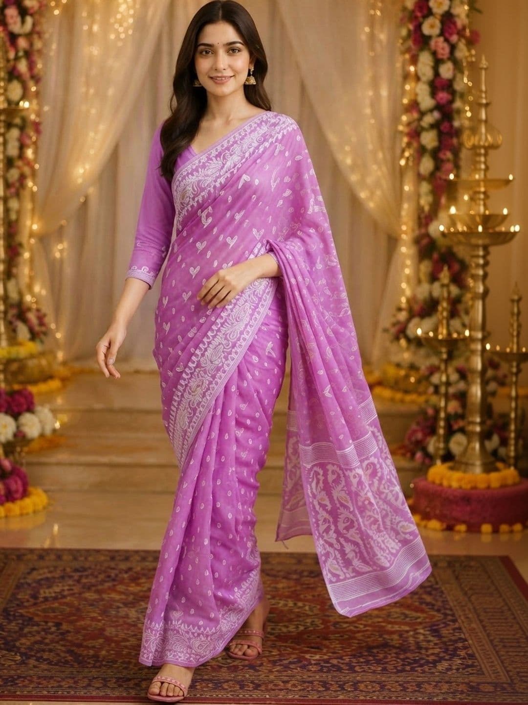 Saatika Ethnic Motifs Printed Jamdani Cotton Saree - view 1