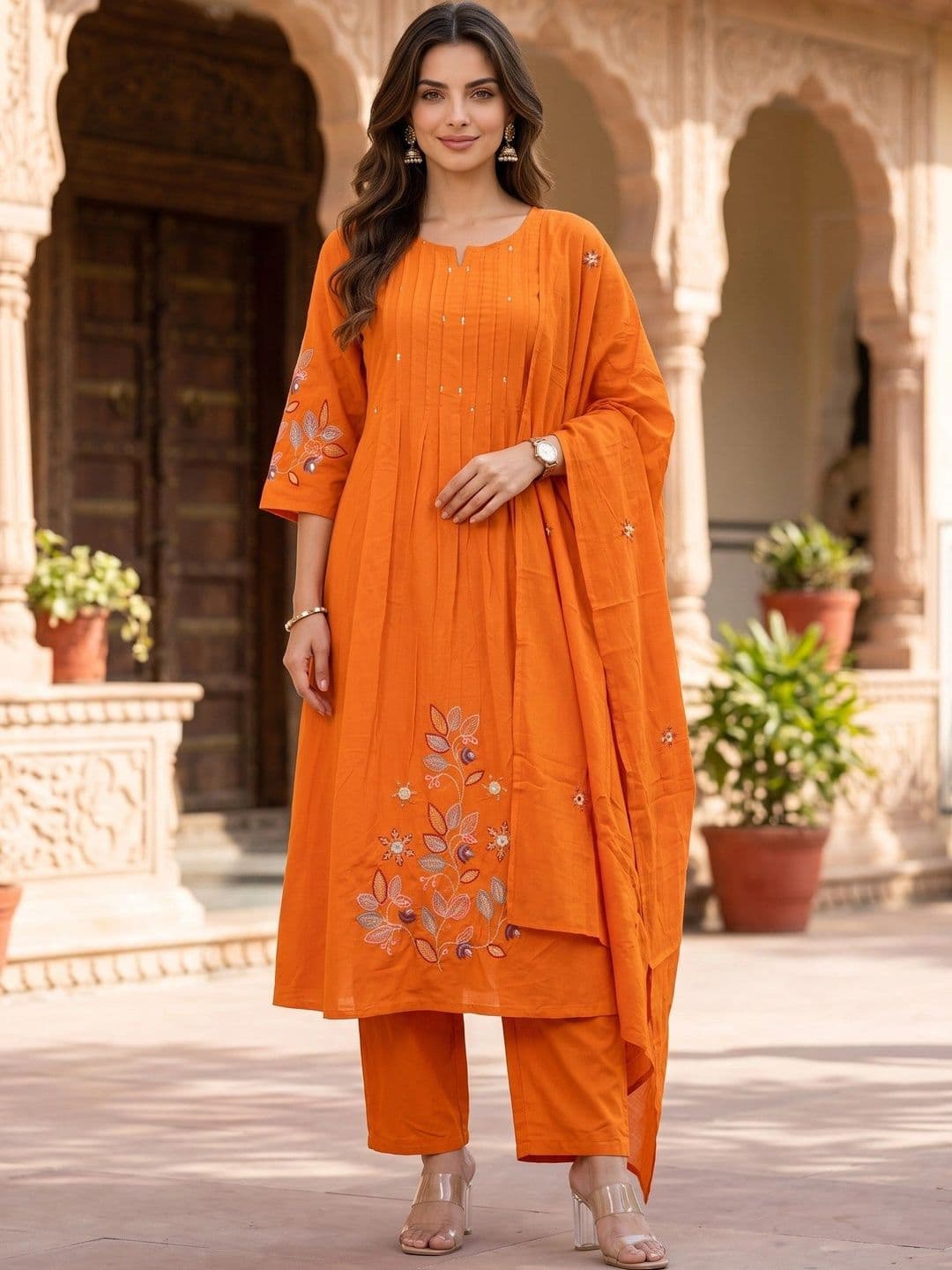 Sangria Women Floral Embroidered Regular Pure Cotton Kurta with Harem Pants & With Dupatta thumbnail 2