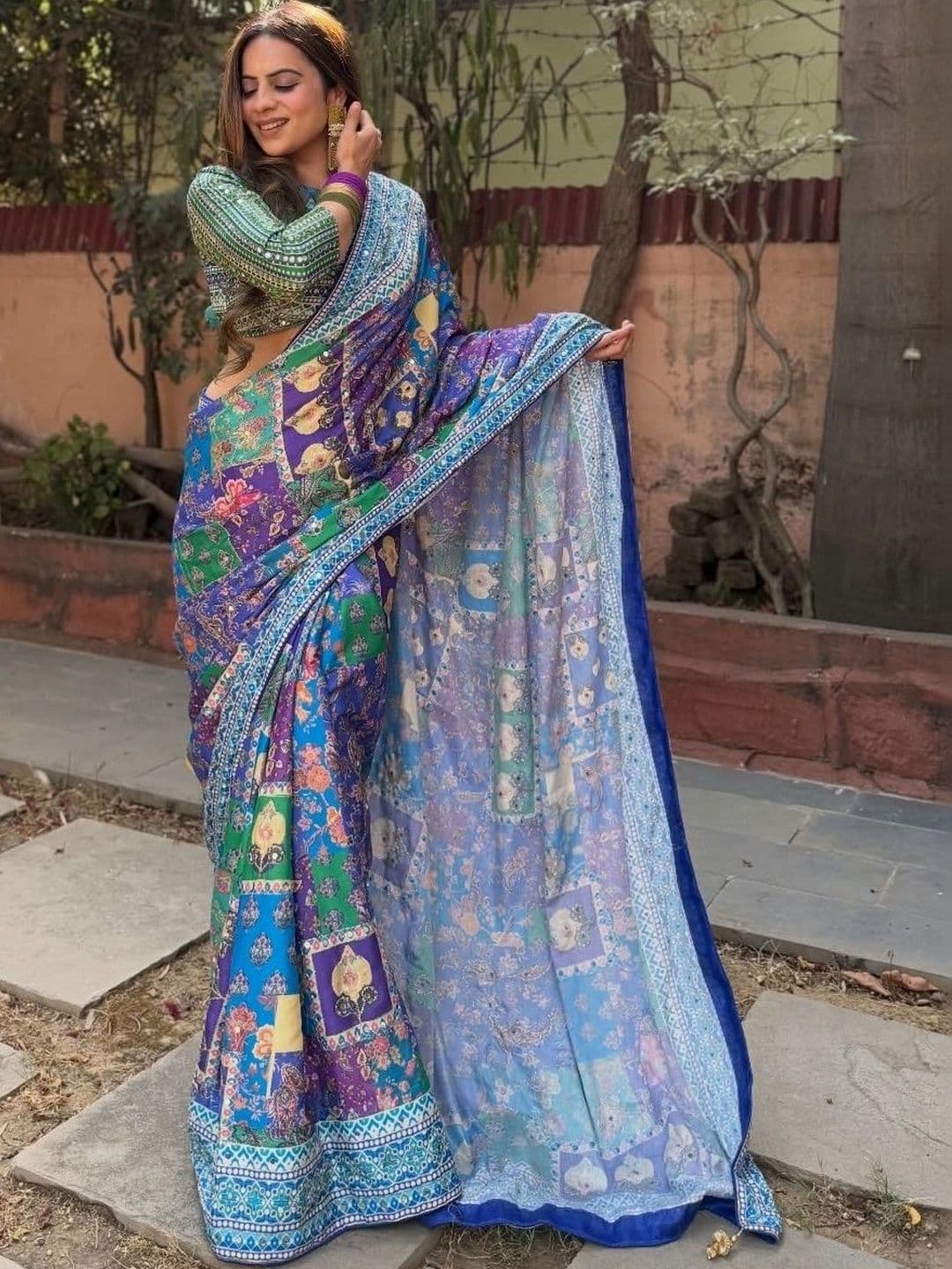 Sangria Ajrak Block Mirror Work Poly Chiffon Patola Saree thumbnail 3