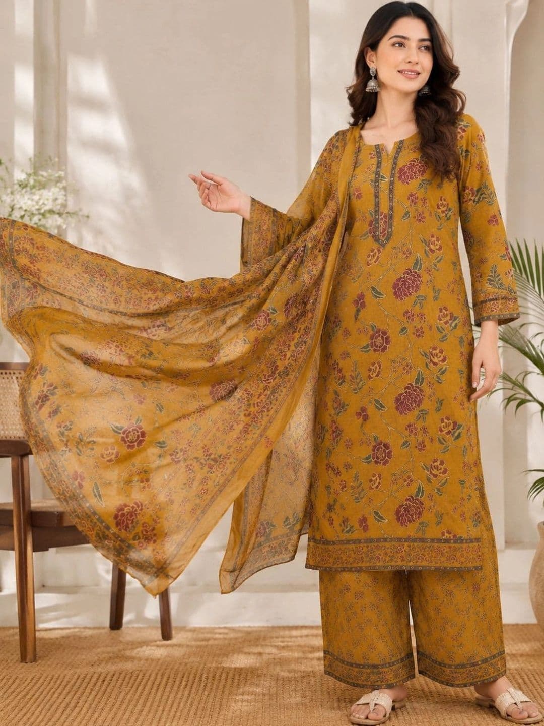 Sangria Women Floral Printed Regular Pure Cotton Kurta with Palazzos & With Dupatta thumbnail 4
