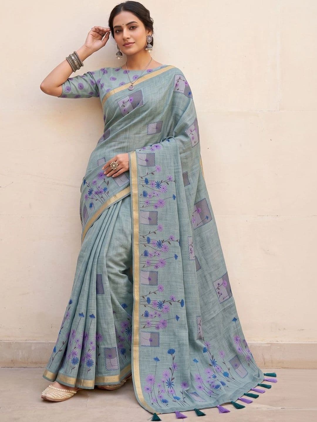 Mitera Floral Linen Blend Tussar Saree thumbnail 7