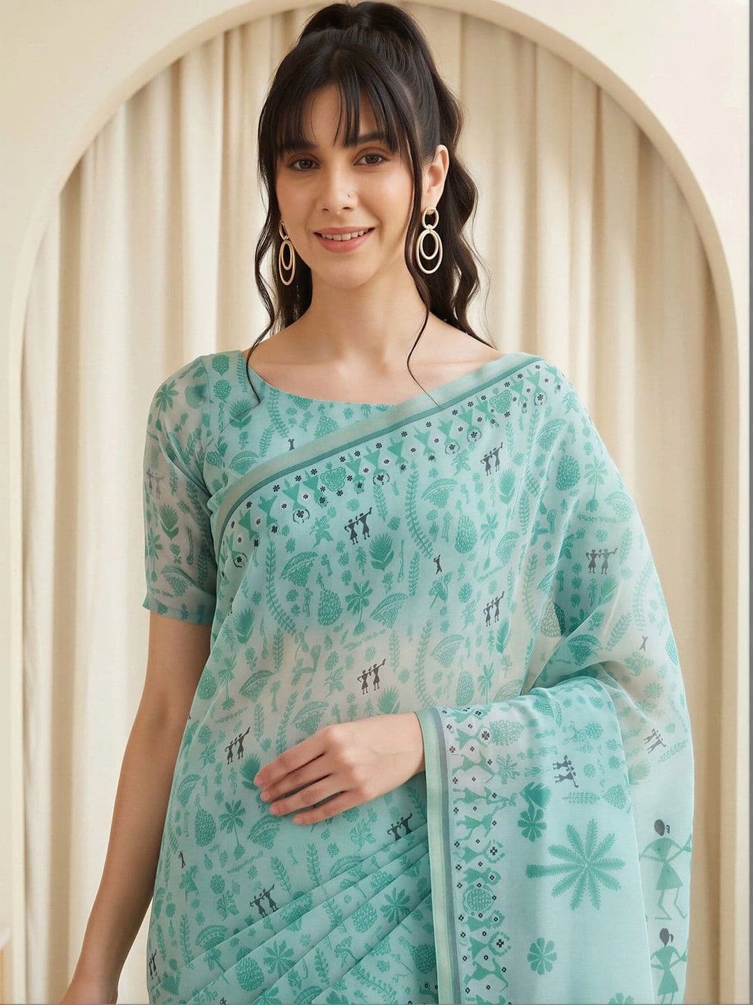 Sangria Warli Linen Blend Designer Block Print Saree thumbnail 2