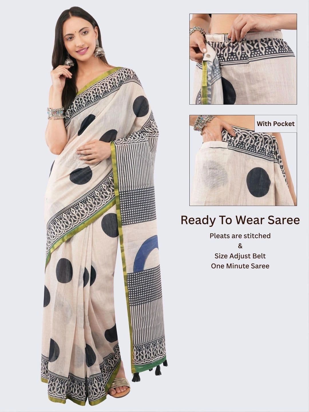 SAMANTHA Polka Dot Linen Blend Belted Saree thumbnail 4