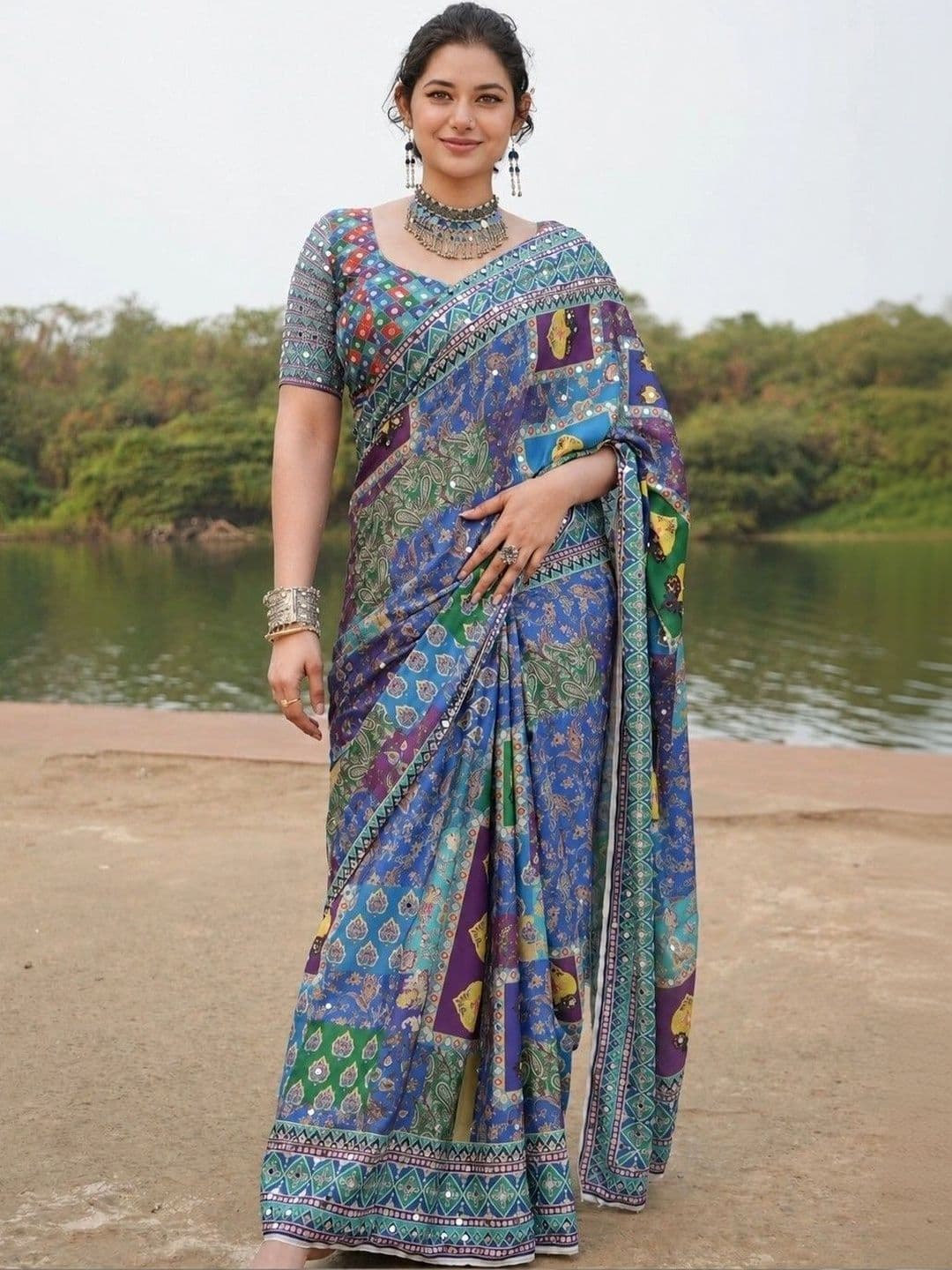 Sangria Ajrak Block Mirror Work Poly Chiffon Patola Saree thumbnail 4