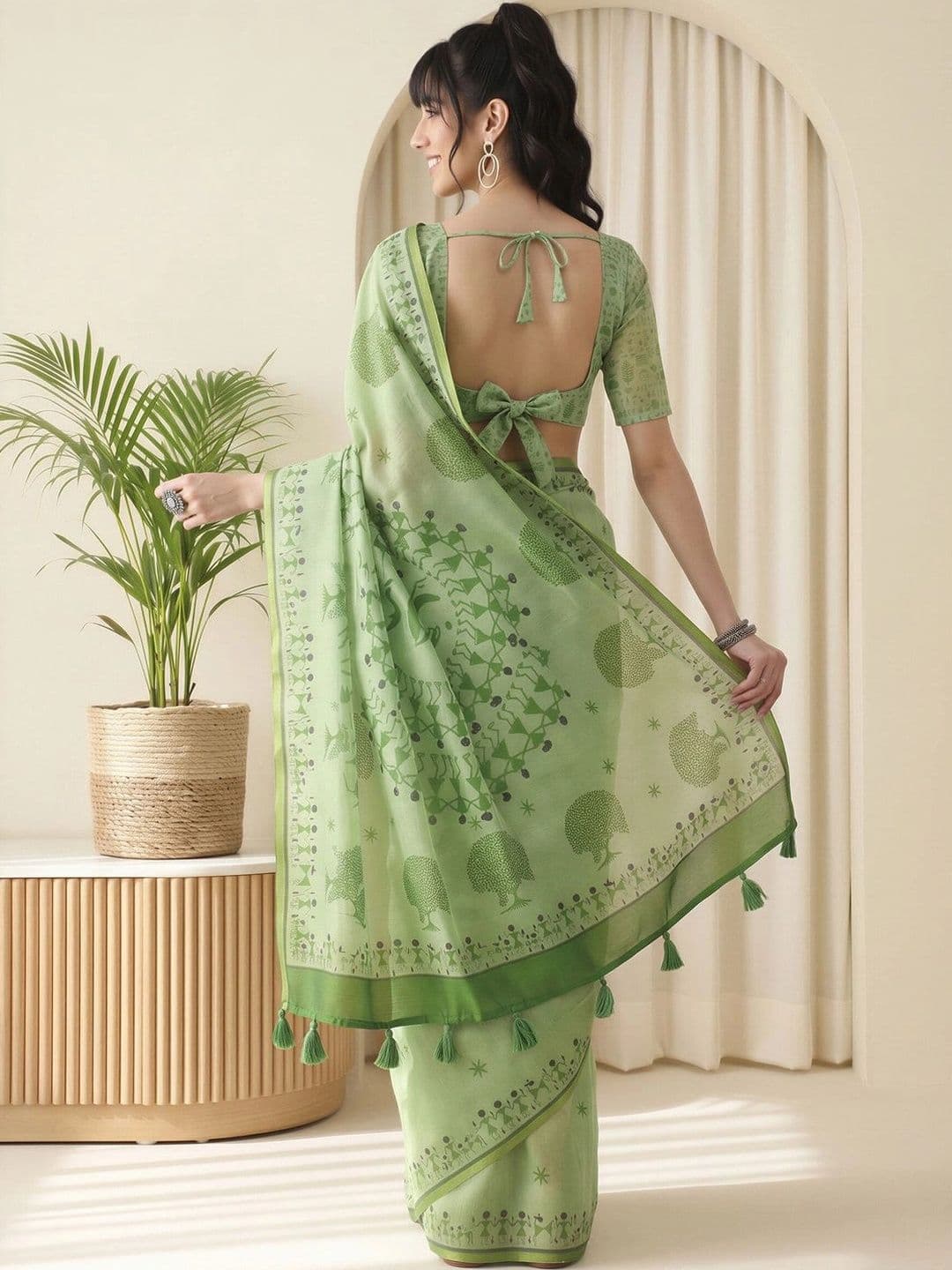 Sangria Warli Linen Blend Designer Block Print Saree thumbnail 4