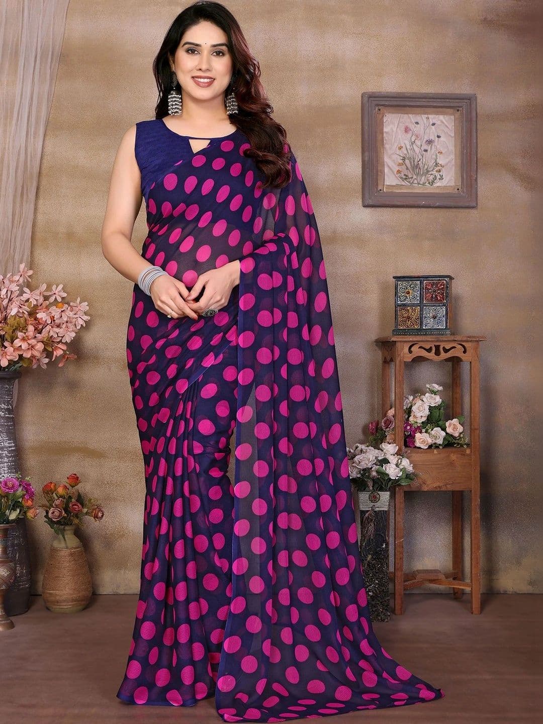 NIRVAAN Polka Dot Pure Georgette Saree - view 1