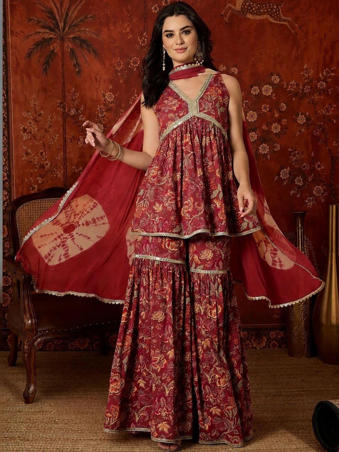 Sangria Women Printed Empire Gotta Patti Kurta with Sharara & With Dupatta - view 1