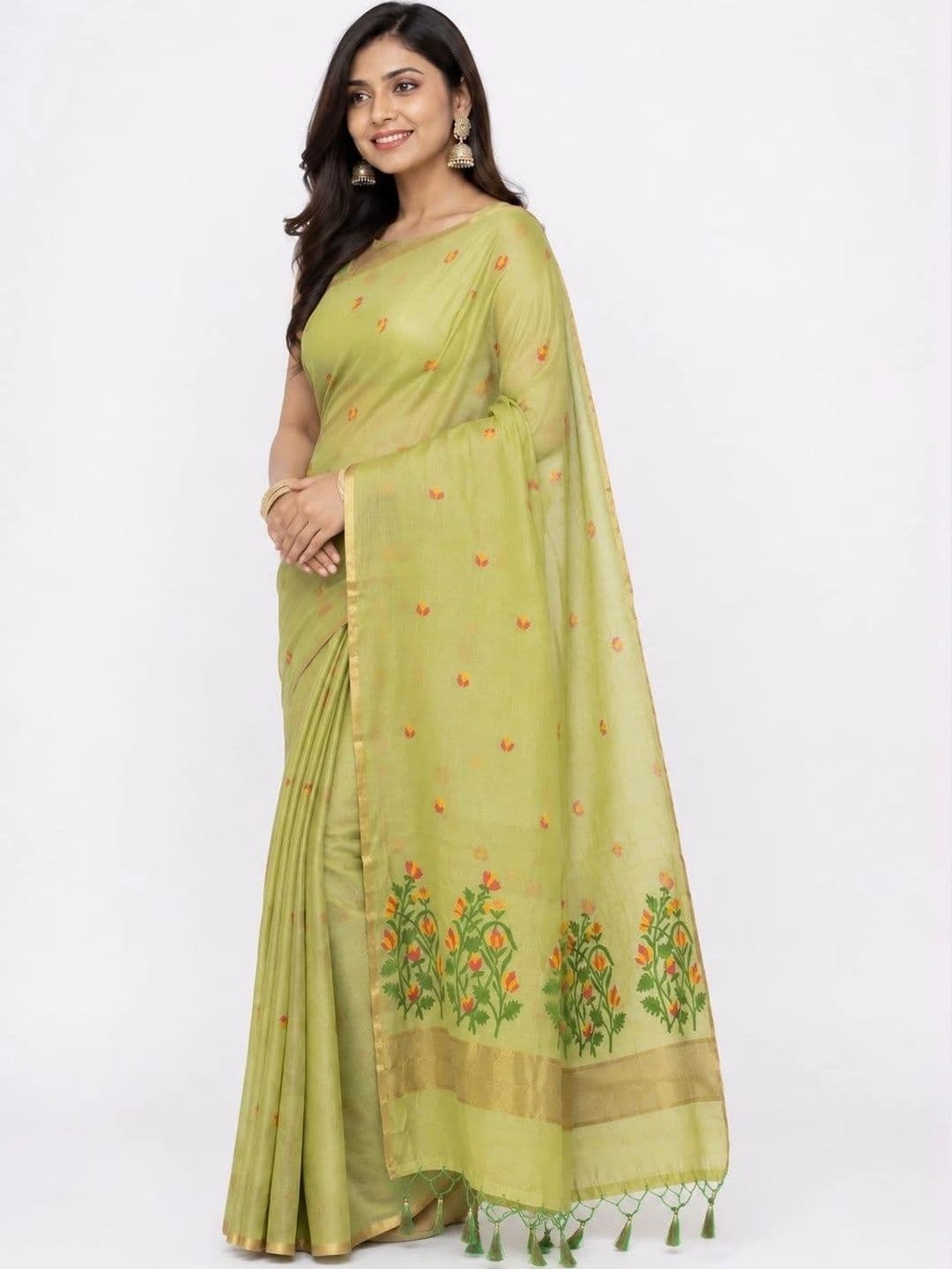 Sangria Floral Embroidered Pure Linen Saree - view 1