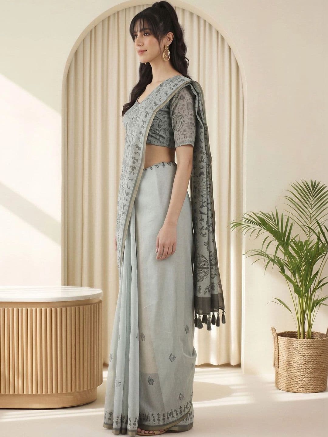 Sangria Warli Linen Blend Fusion Block Print Saree thumbnail 6