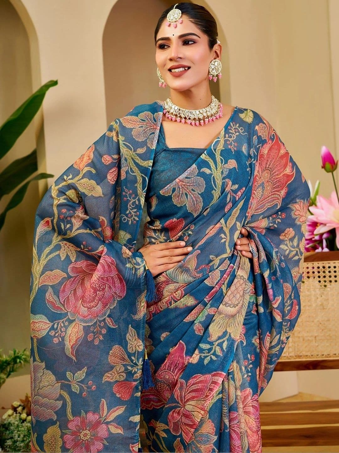 ZAMUNA Floral Tissue Designer Bhagalpuri Saree thumbnail 3