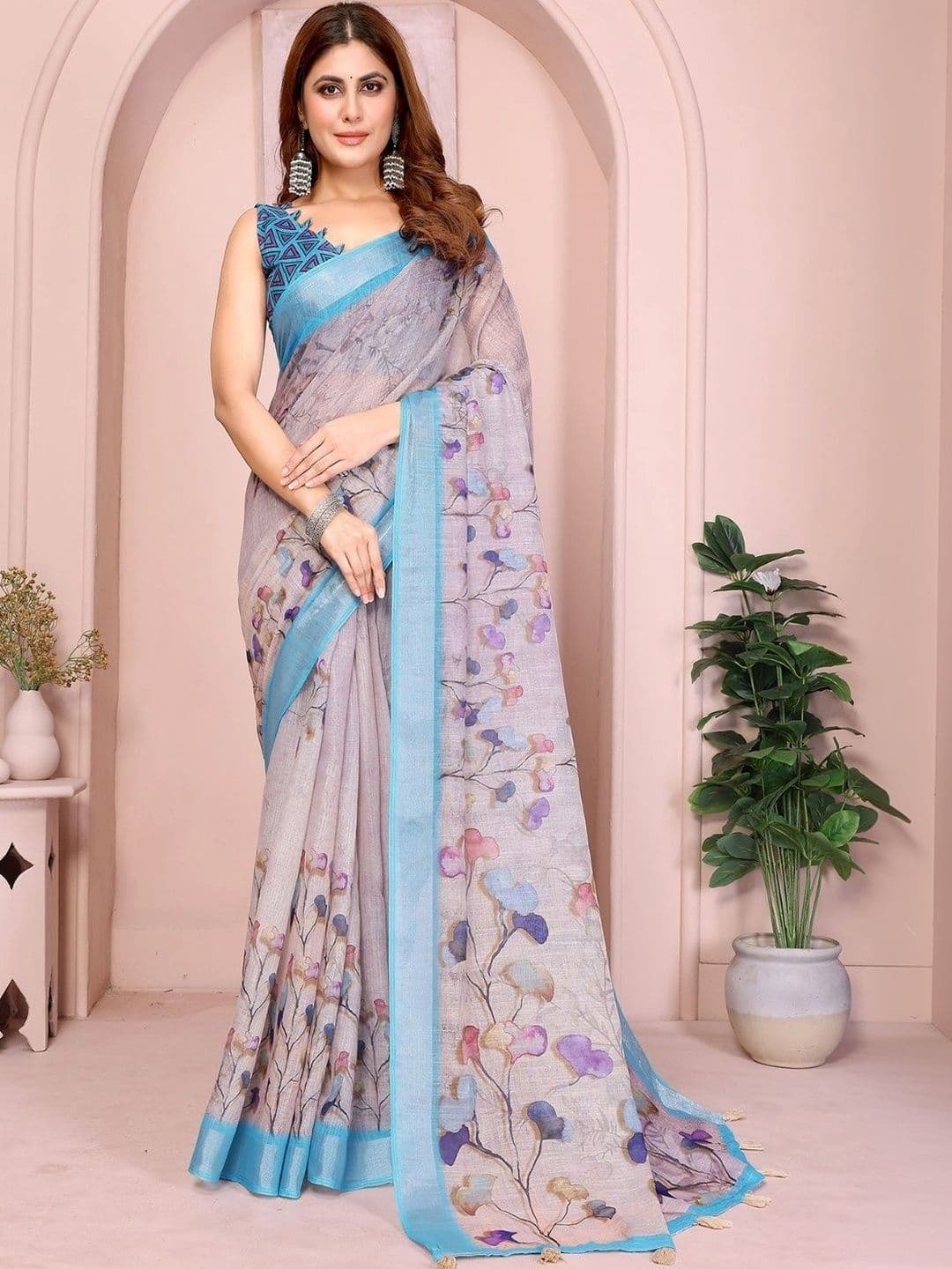 Kesarii Floral Linen Blend Saree - view 1