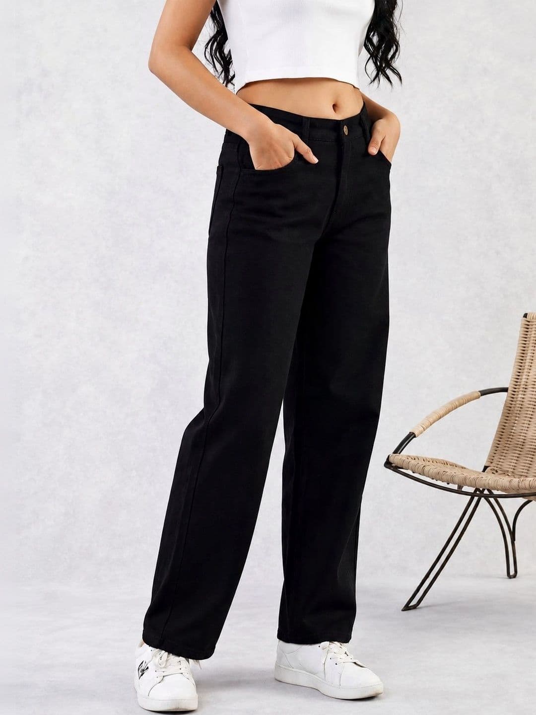 HERE&NOW Women's Jet Black Mid-Rise Wide-Leg Jeans thumbnail 5