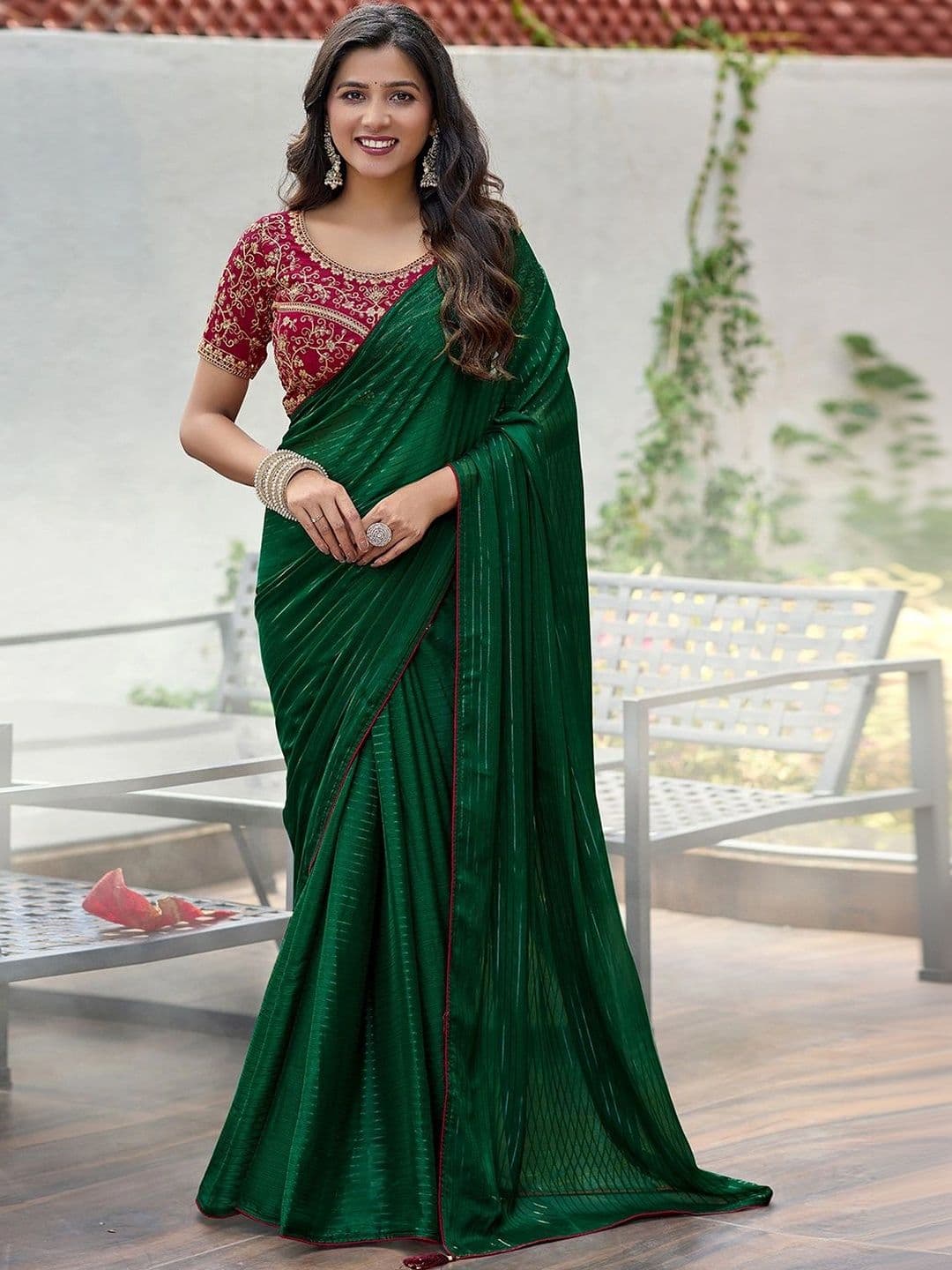 SANISA Striped Embroidered Pure Georgette Saree - view 1