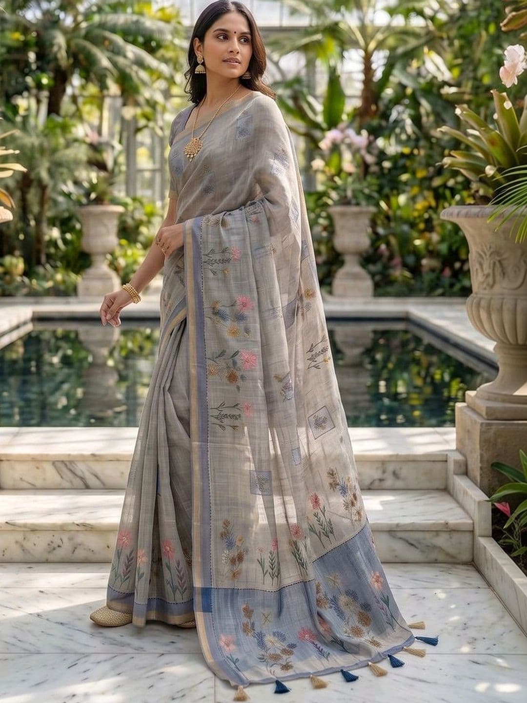 Mitera Floral Linen Blend Tussar Saree thumbnail 3