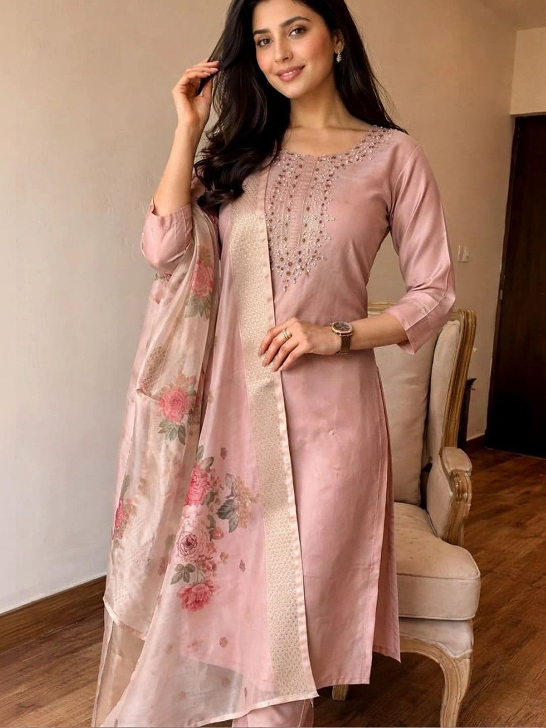 ERIKA Women Ethnic Motifs Embroidered Regular Thread Work Kurta with Trousers & With Dupatta thumbnail 2