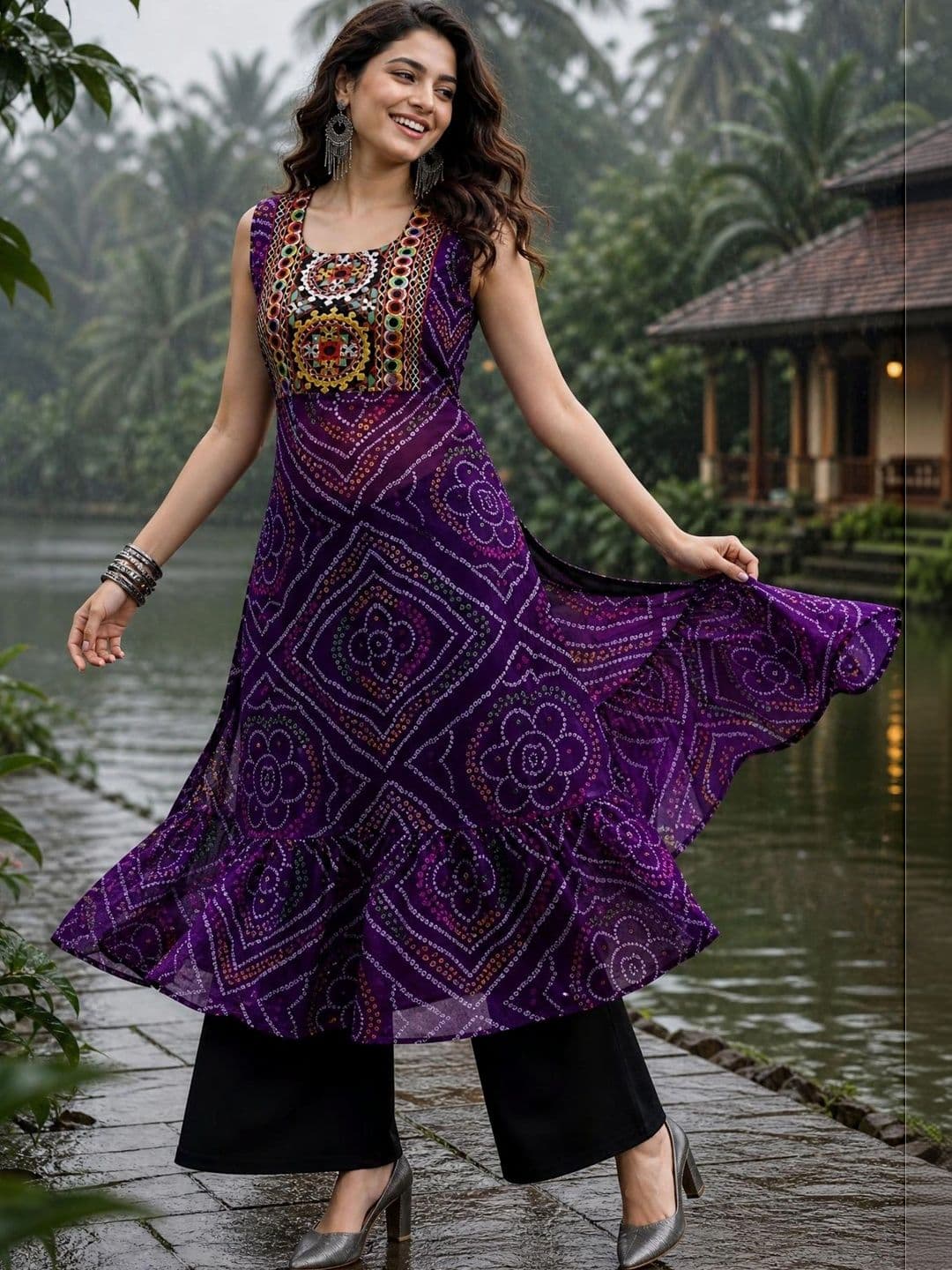 Youthnic Women Bandhani Printed Thread Work Georgette Kurta - view 1