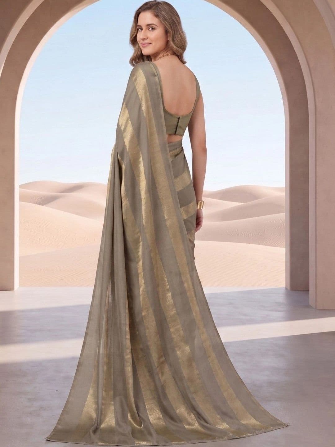 House of Vived Striped Zari Silk Blend Designer Saree thumbnail 4