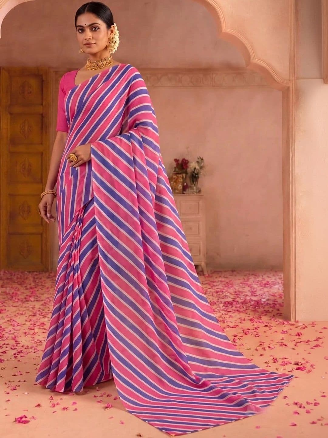 SAMANTHA Striped Poly Georgette Leheriya Saree thumbnail 6