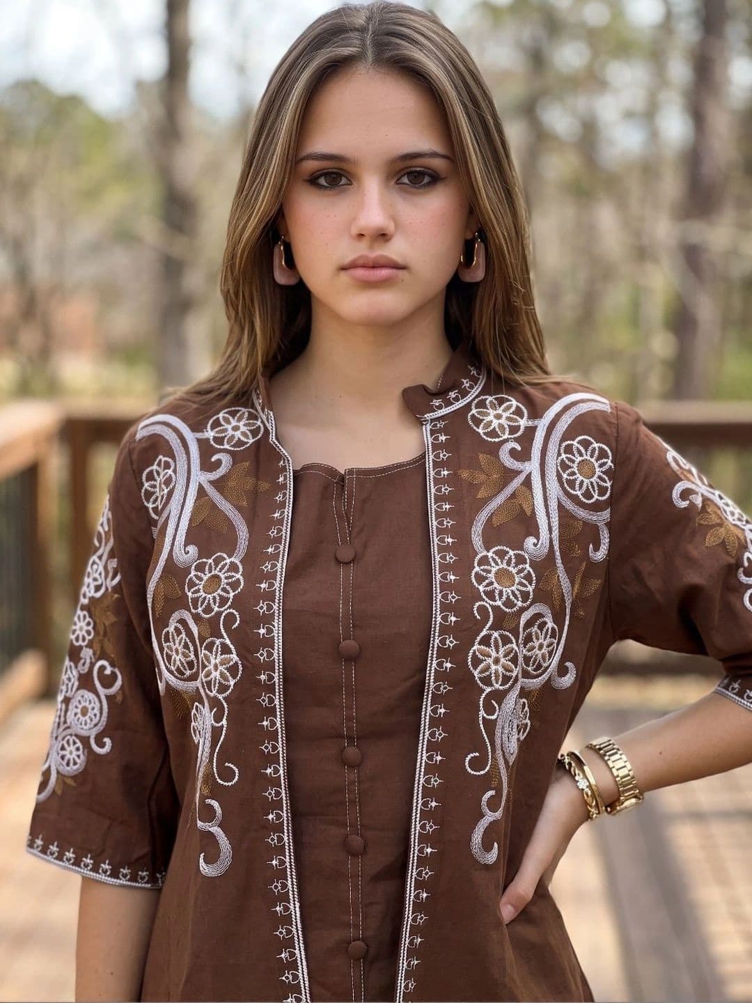 KALINI Women Ethnic Motifs Embroidered Regular Thread Work Pure Cotton Top with Trousers thumbnail 6