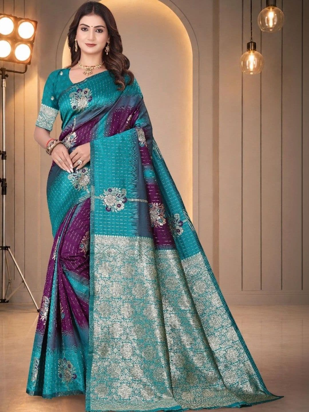 SILKARA CREATION Striped Zari Silk Blend Banarasi Saree - view 1