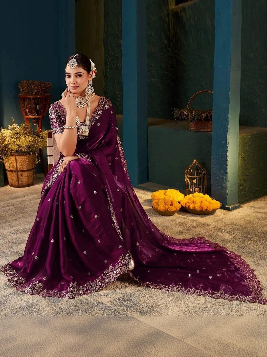 Sangria Floral Embroidered Organza Leheriya Saree thumbnail 5