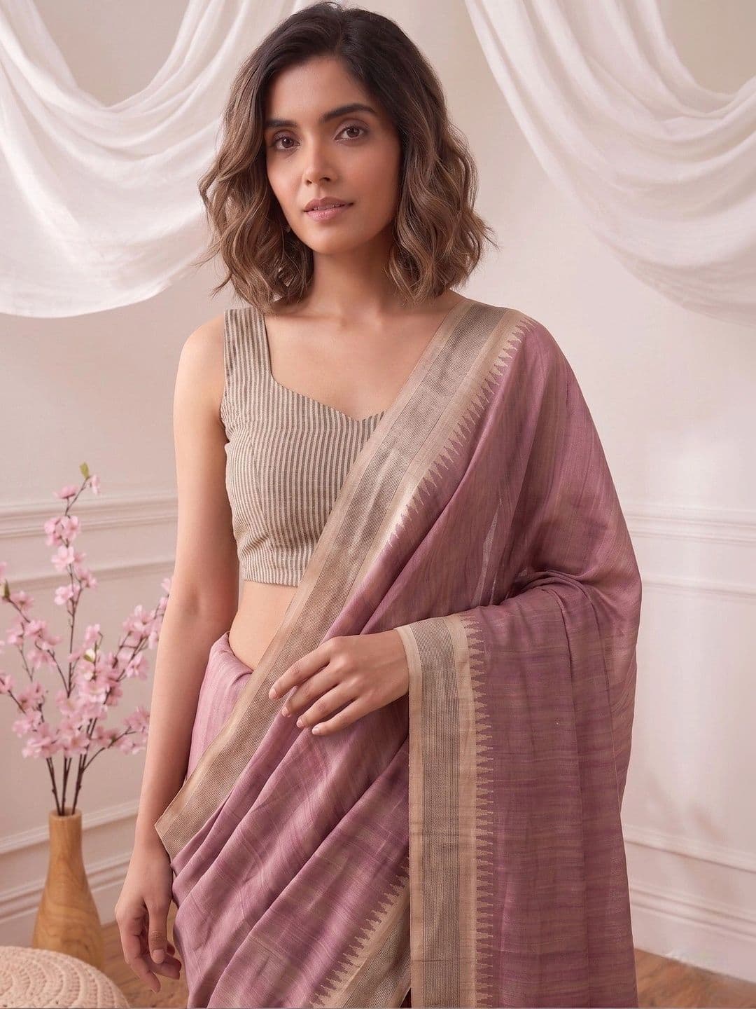 House of Vived Striped Silk Blend Designer Saree thumbnail 3