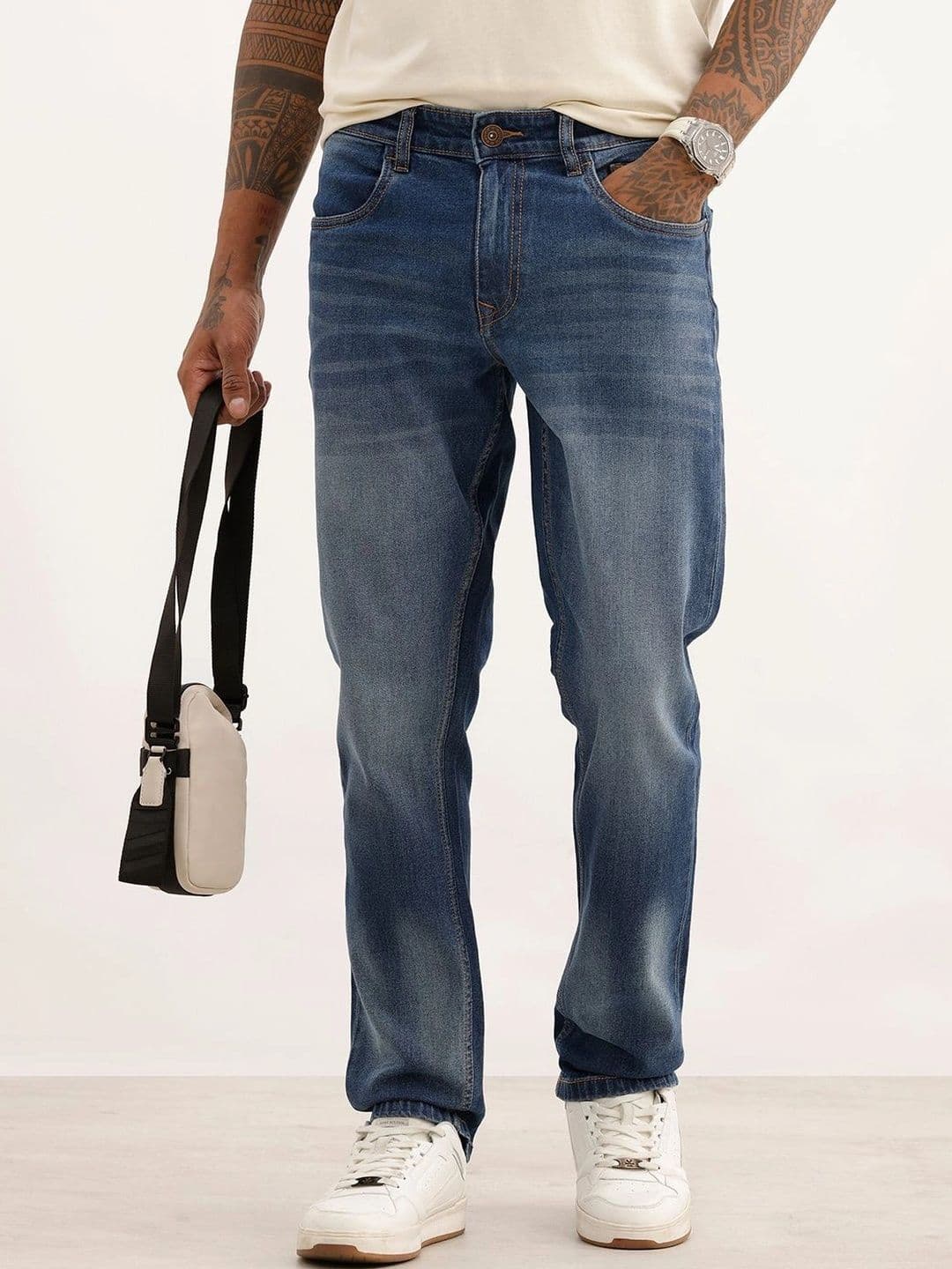 WROGN Men Straight Fit Mid-Rise Low Distress Light Fade Stretchable Jeans - view 1