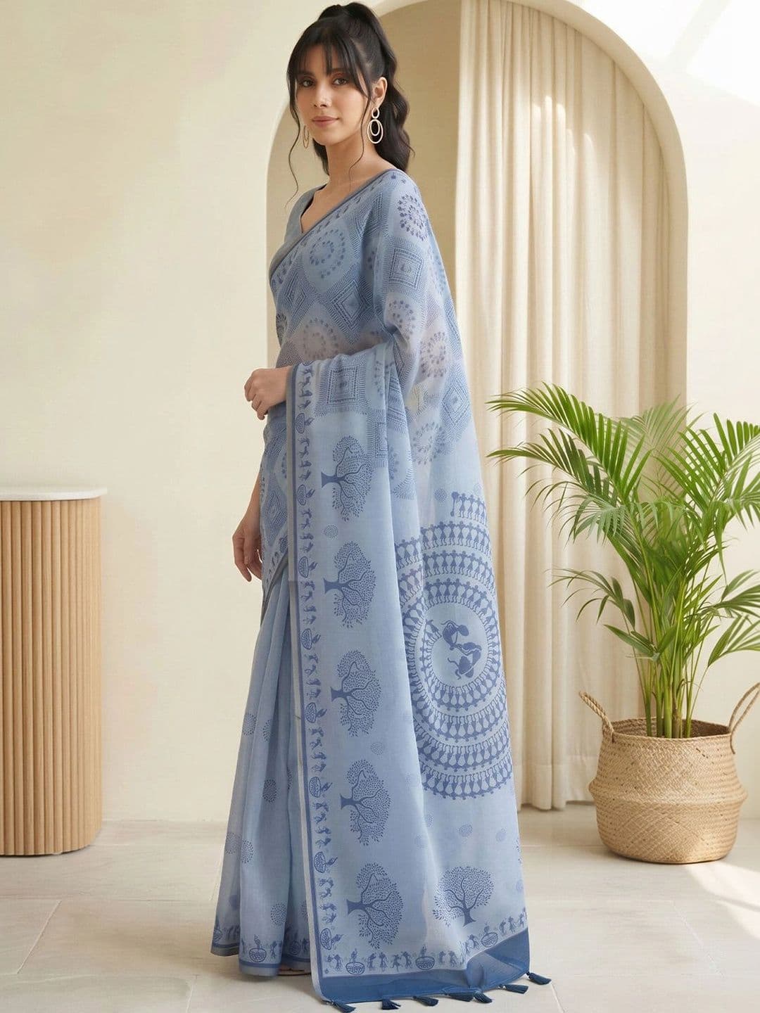 Sangria Warli Linen Blend Designer Block Print Saree thumbnail 4