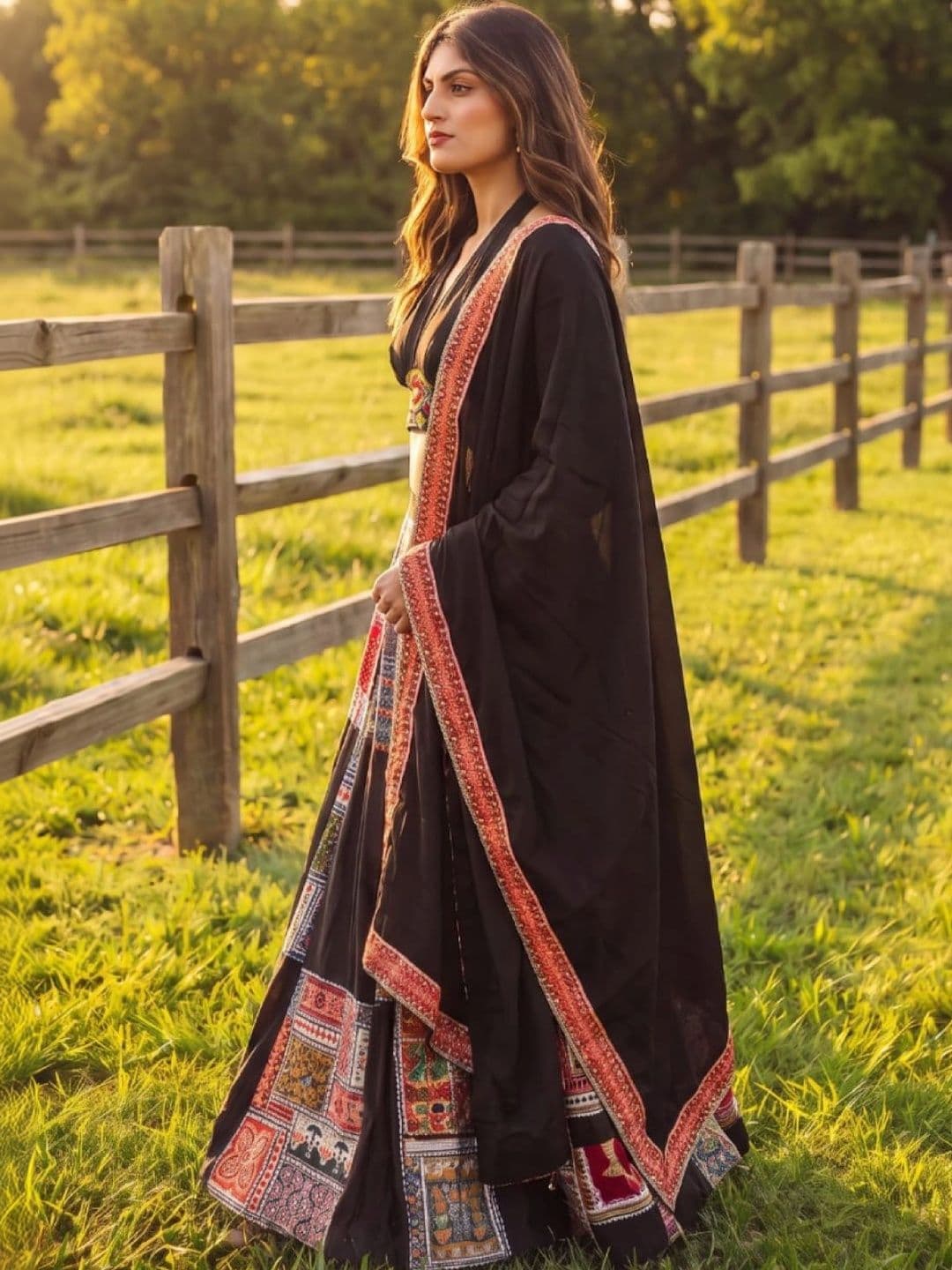 JIHU CULTURE Embroidered Thread Work Semi-Stitched Lehenga & Unstitched Blouse With Dupatta thumbnail 5