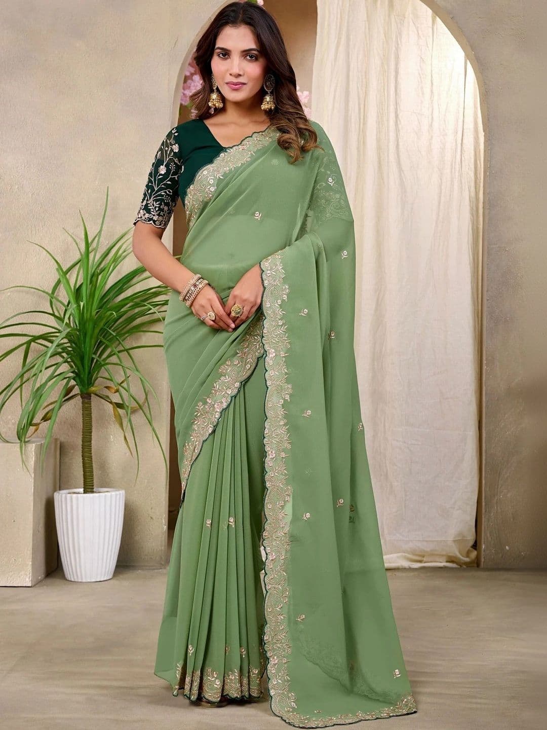 Tradivibe Floral Embroidered Pure Georgette Heavy Work Saree - view 1