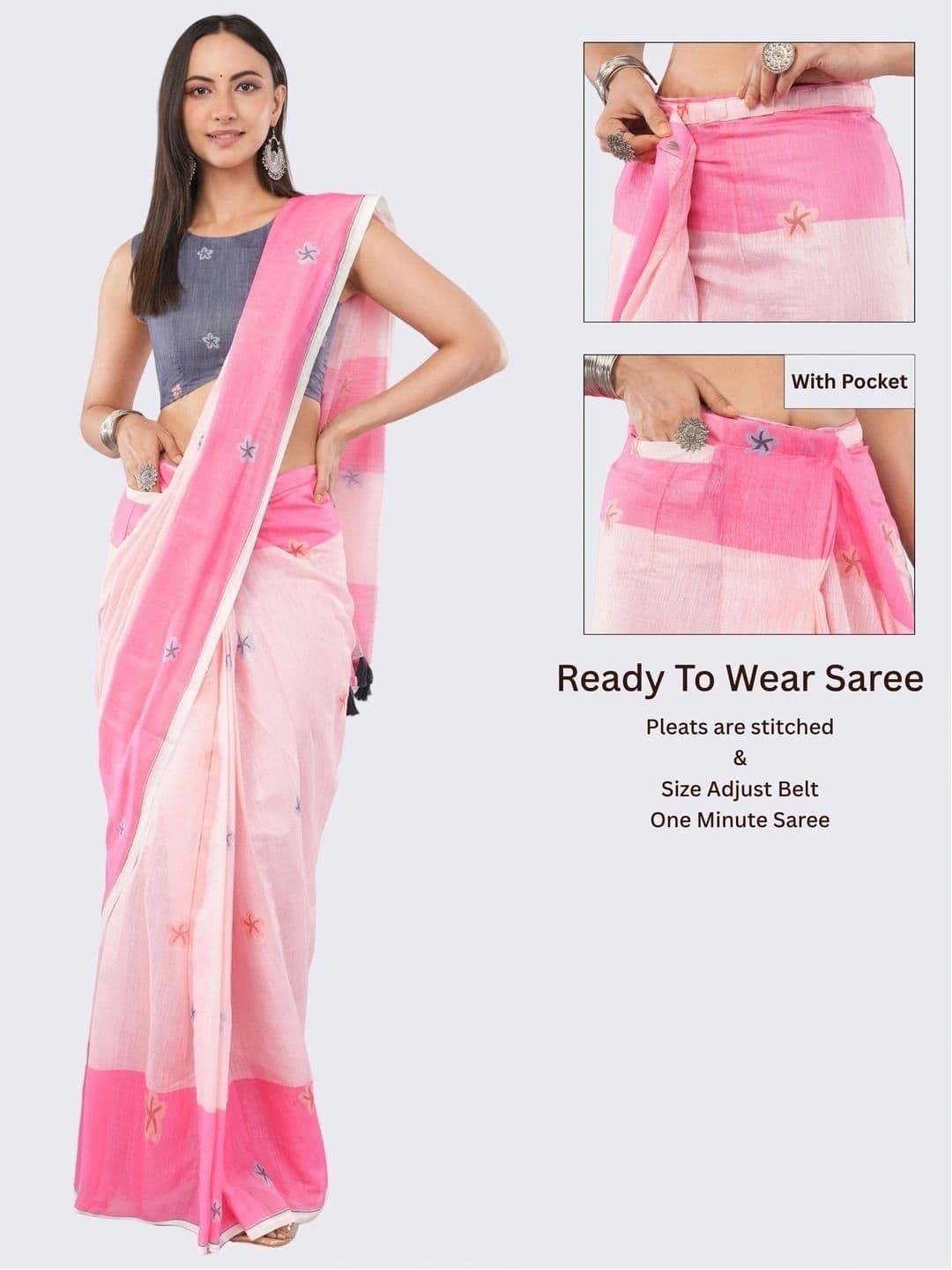 SAMANTHA Striped Linen Blend Belted Saree thumbnail 6