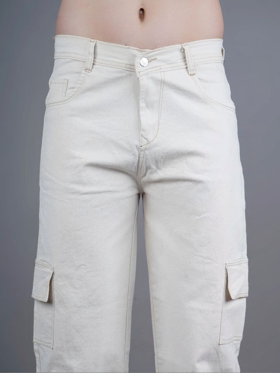 HERE&NOW Men's Solid Beige Cargo Mid-Rise Relaxed Straight Fit Jeans thumbnail 5