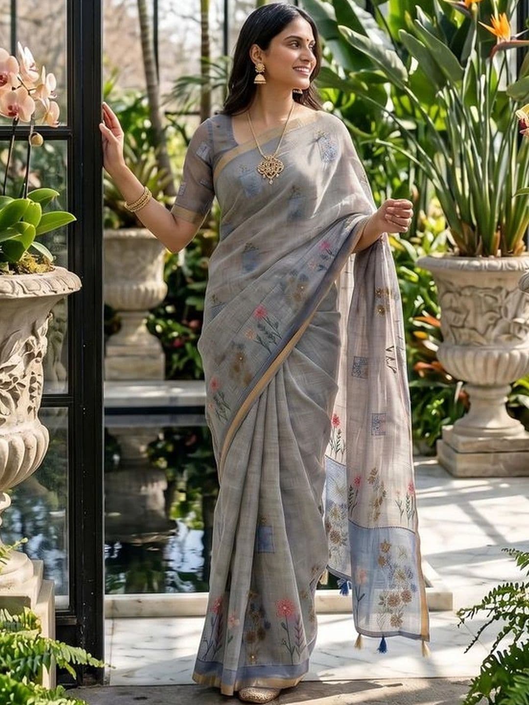 Mitera Floral Linen Blend Tussar Saree thumbnail 5