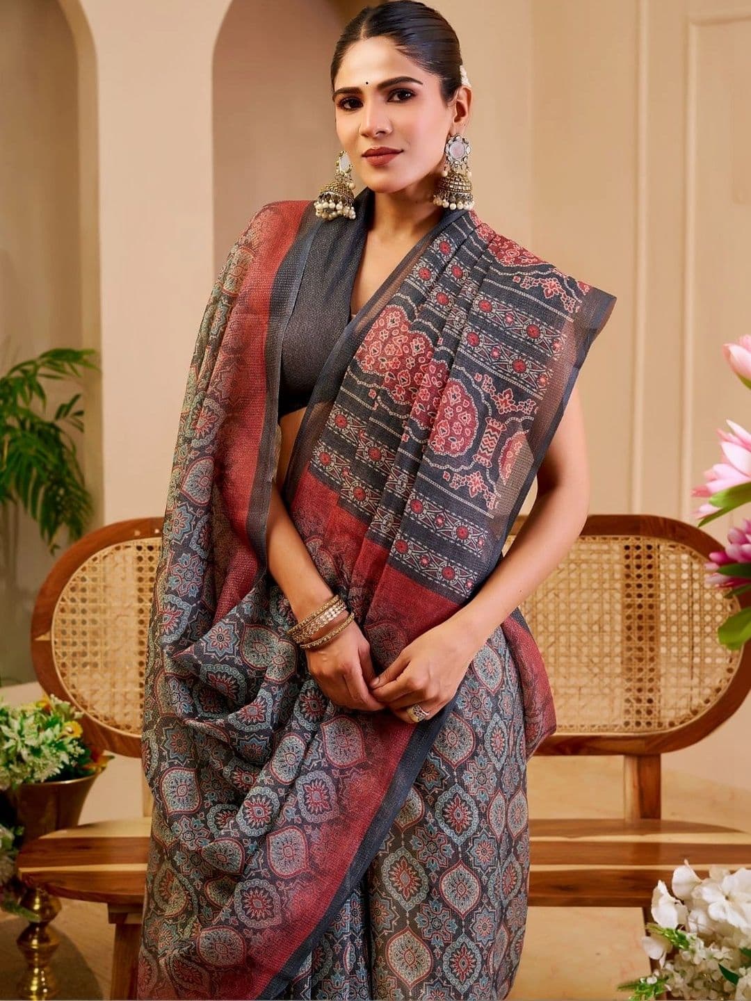 ZAMUNA Kalamkari Tissue Designer Bhagalpuri Saree thumbnail 6