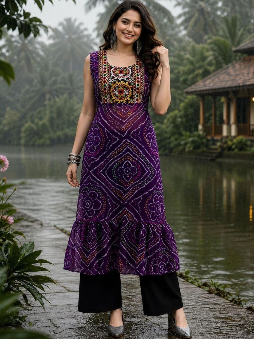 Youthnic Women Bandhani Printed Thread Work Georgette Kurta thumbnail 2