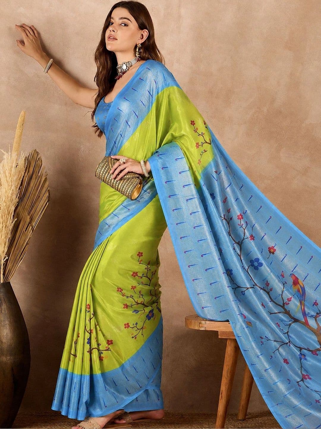 SANJANA  SILK SANJANA SILK Floral Silk Blend Chanderi Saree thumbnail 2