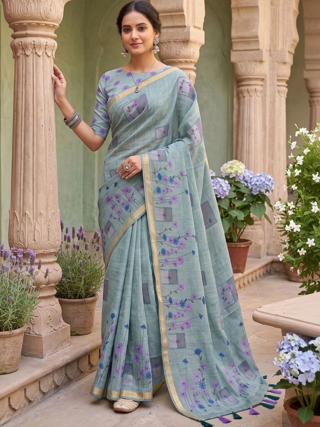 Mitera Floral Linen Blend Tussar Saree thumbnail 4