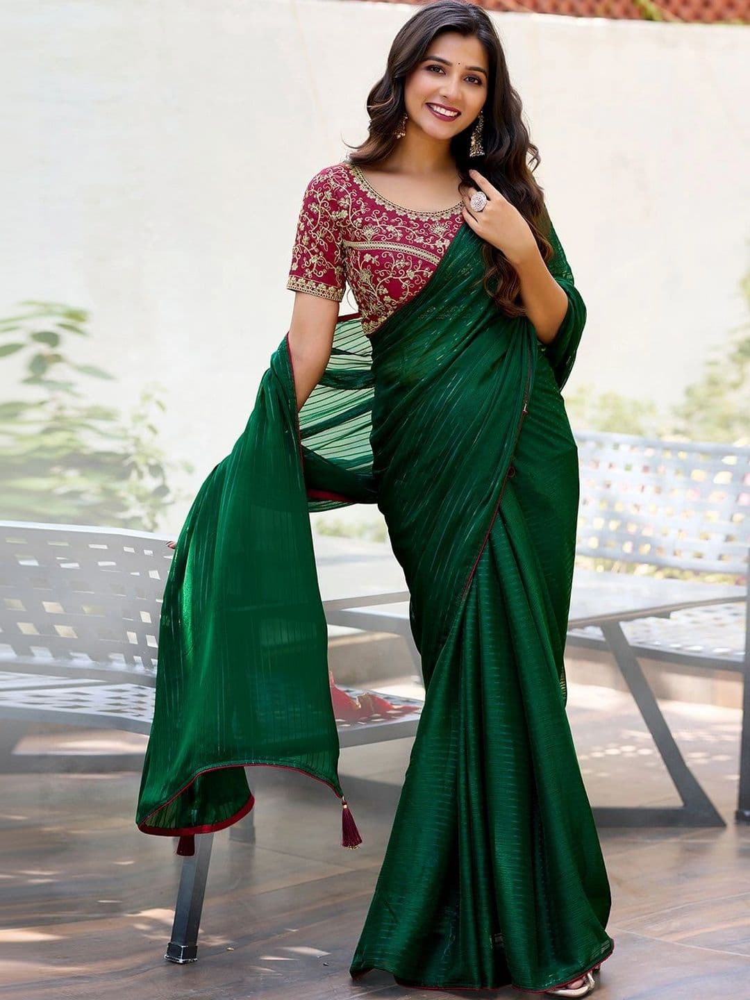 SANISA Striped Embroidered Pure Georgette Saree thumbnail 4