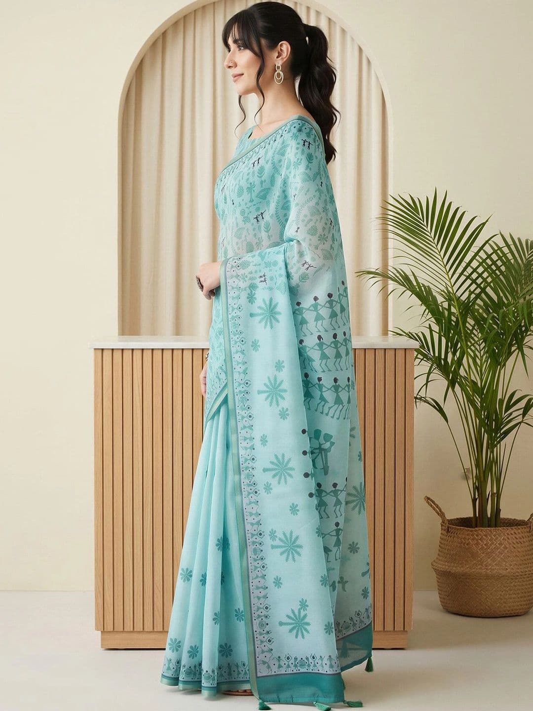 Sangria Warli Linen Blend Designer Block Print Saree thumbnail 4