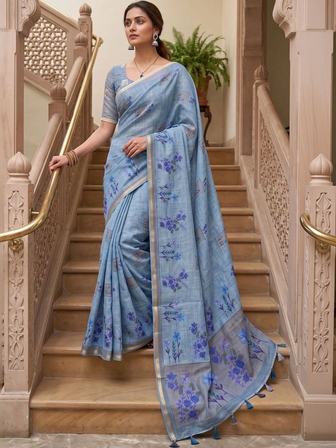 Mitera Floral Linen Blend Tussar Saree thumbnail 4
