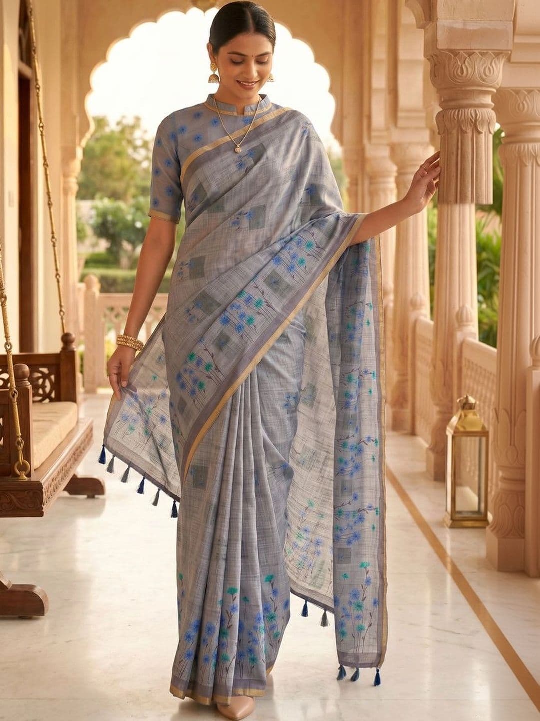 Mitera Floral Linen Blend Tussar Saree thumbnail 4