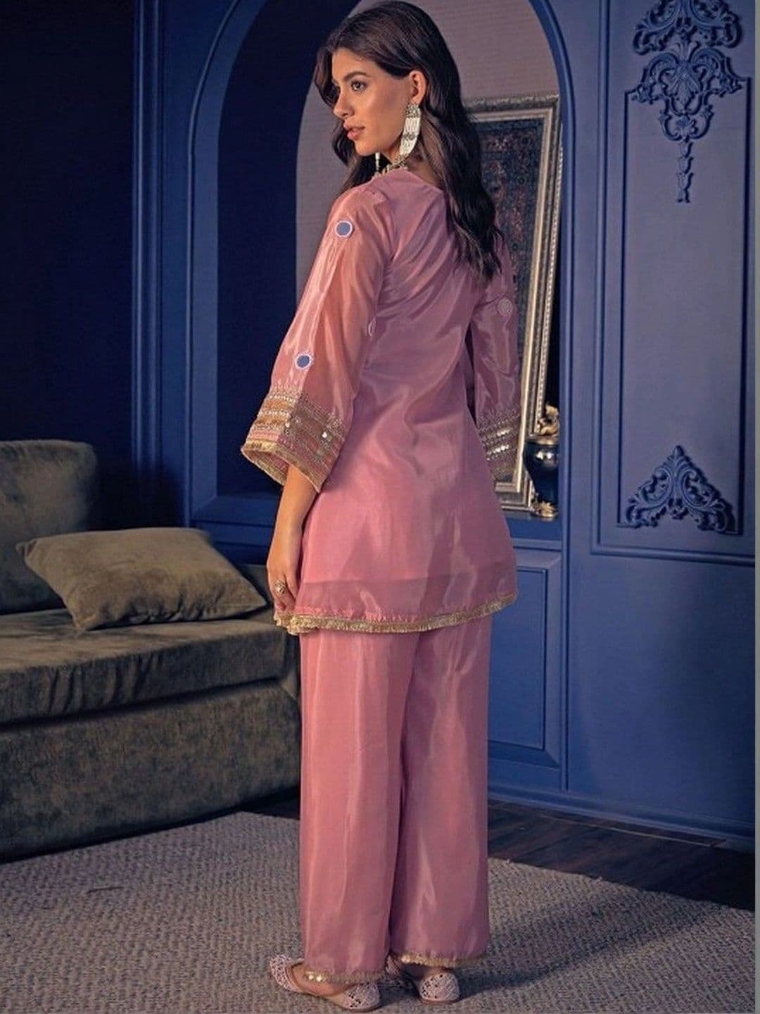 Sangria Women Ethnic Motifs Embroidered Regular Mirror Work Silk Crepe Kurta with Palazzos thumbnail 5