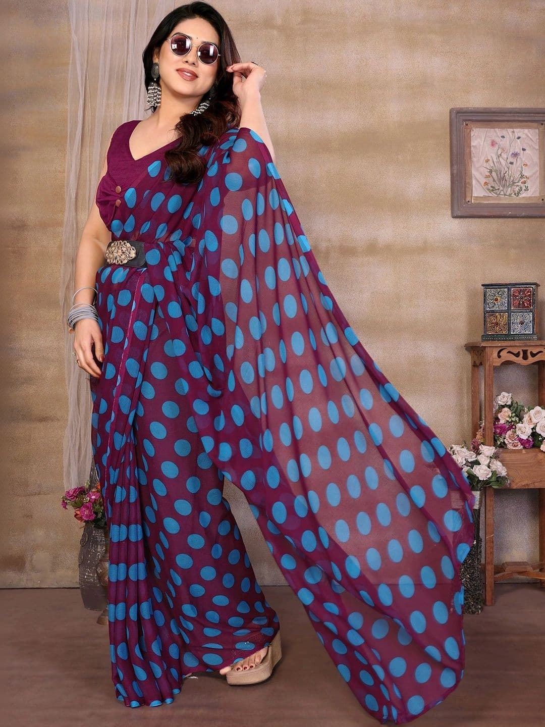 NIRVAAN Polka Dot Pure Georgette Saree - view 1