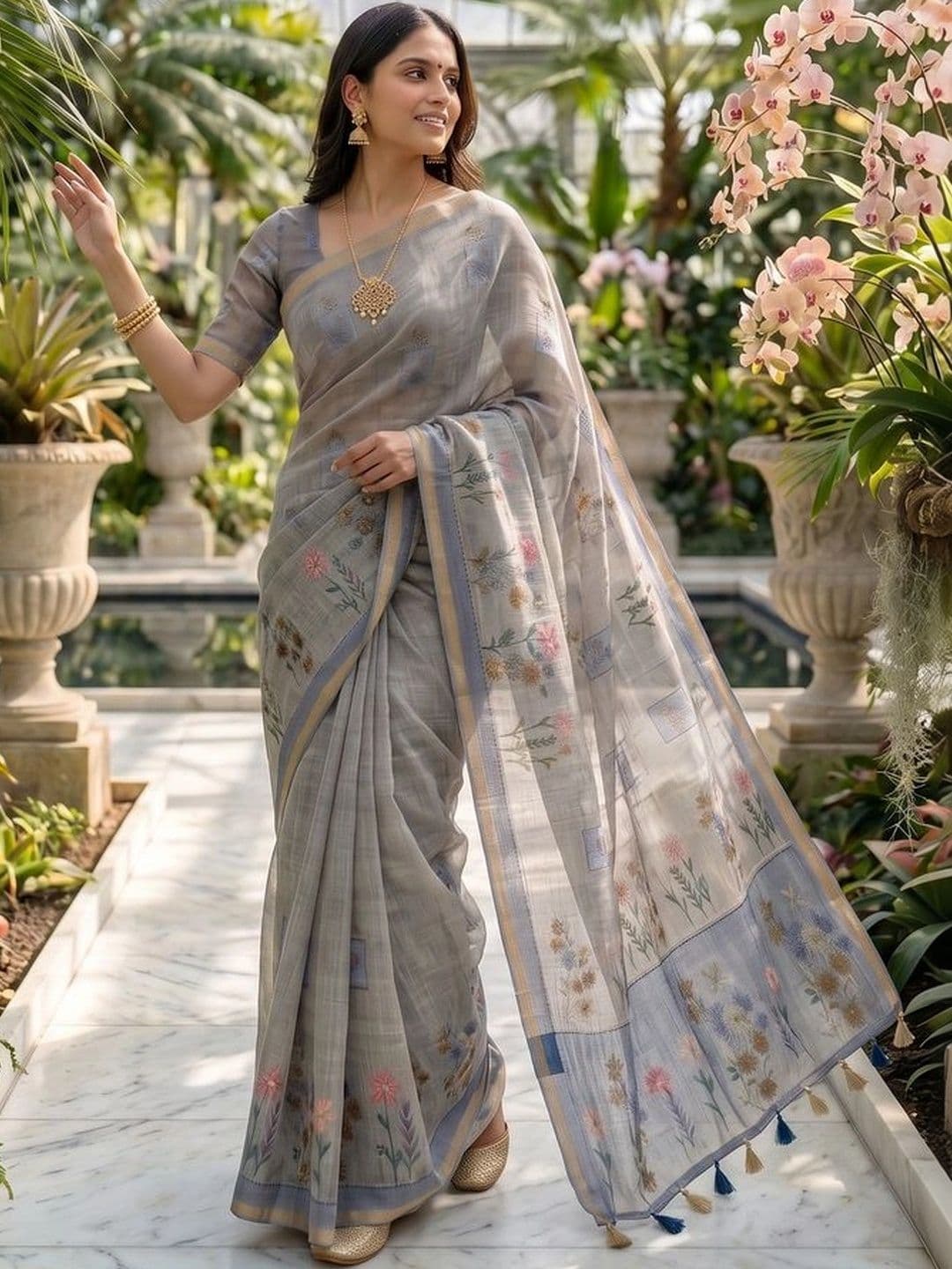 Mitera Floral Linen Blend Tussar Saree - view 1
