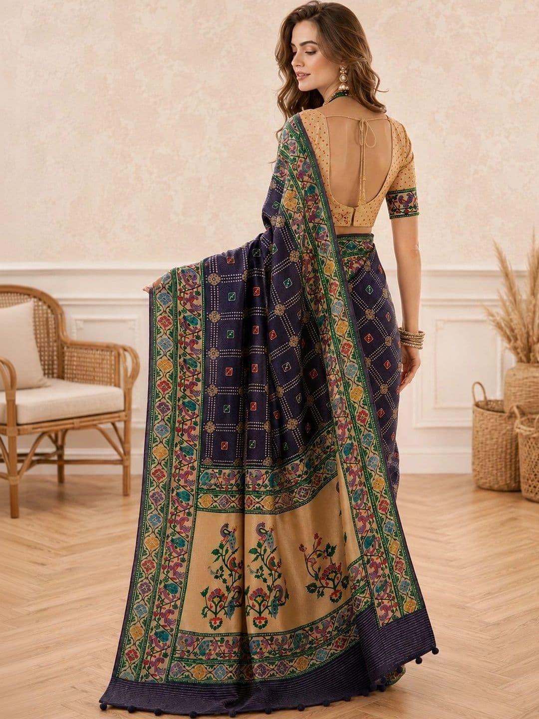 all about you Ethnic Motifs Zari Silk Blend Designer Paithani Saree thumbnail 2