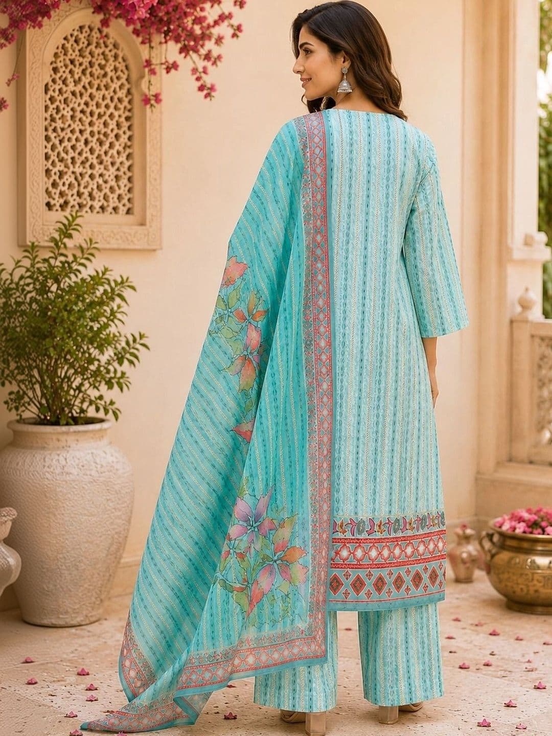 SOURAGYA Women Ethnic Motifs Printed Regular Pure Cotton Kurta with Palazzos & With Dupatta thumbnail 2