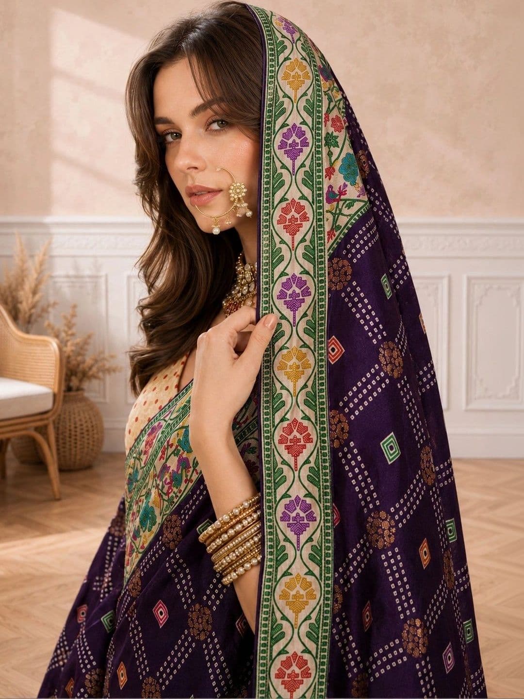 all about you Bandhani Embroidered Silk Blend Designer Paithani Saree thumbnail 2